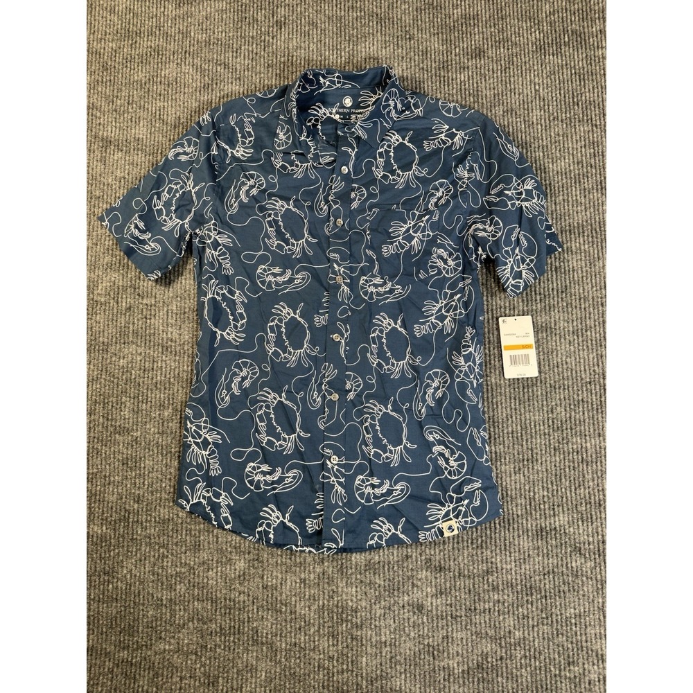 Southern Proper Key Largo Men's Blue Crab Lobster Print Cotton Button-Up Shirt S